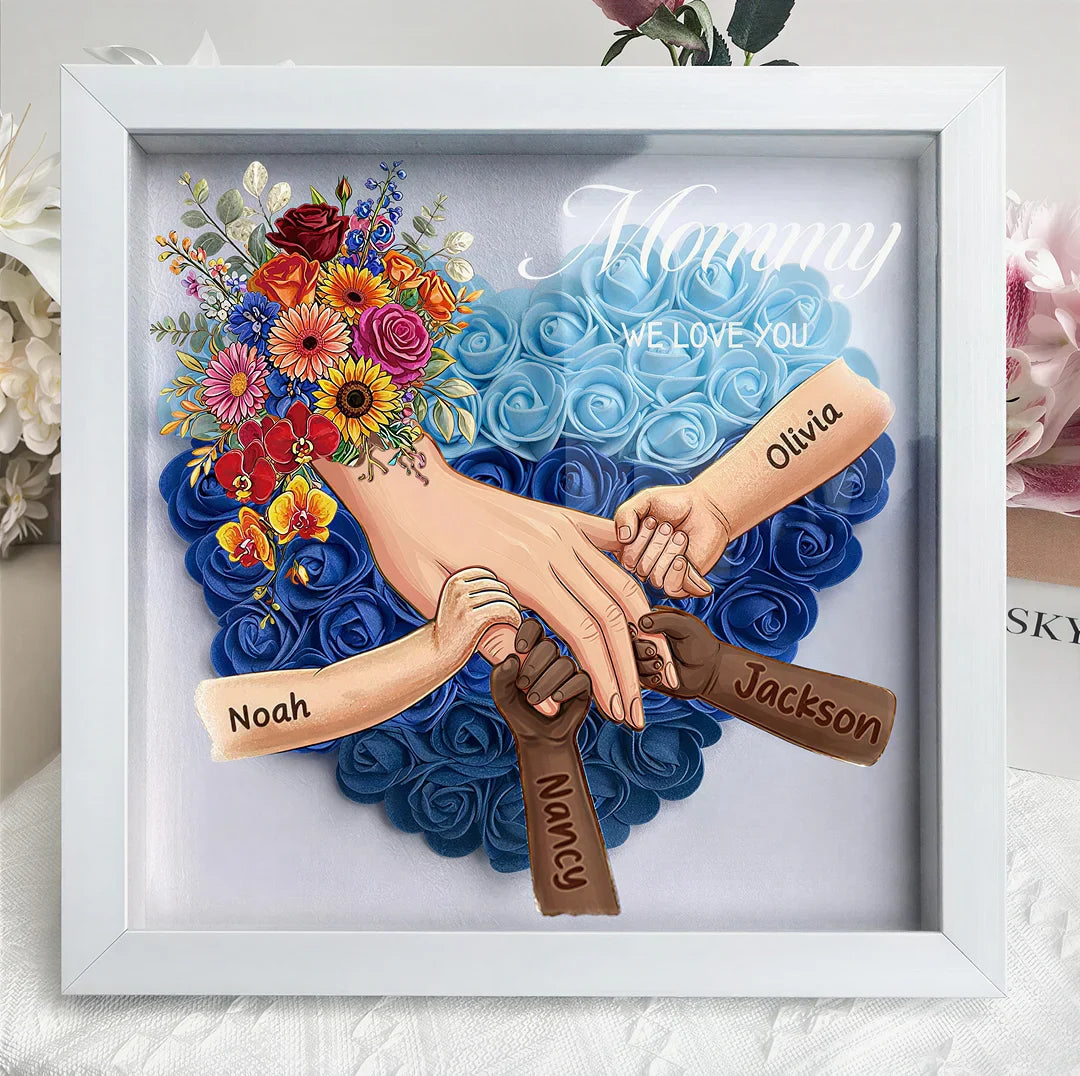 Personalized Mommy Holding Hands Shadow Box – Custom Mixed Skin Tone Hands & Kids Names Floral Heart Frame | Mother’s Day Gift