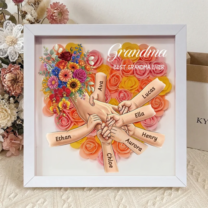 Personalized Mommy Holding Hands Shadow Box – Custom Mixed Skin Tone Hands & Kids Names Floral Heart Frame | Mother’s Day Gift