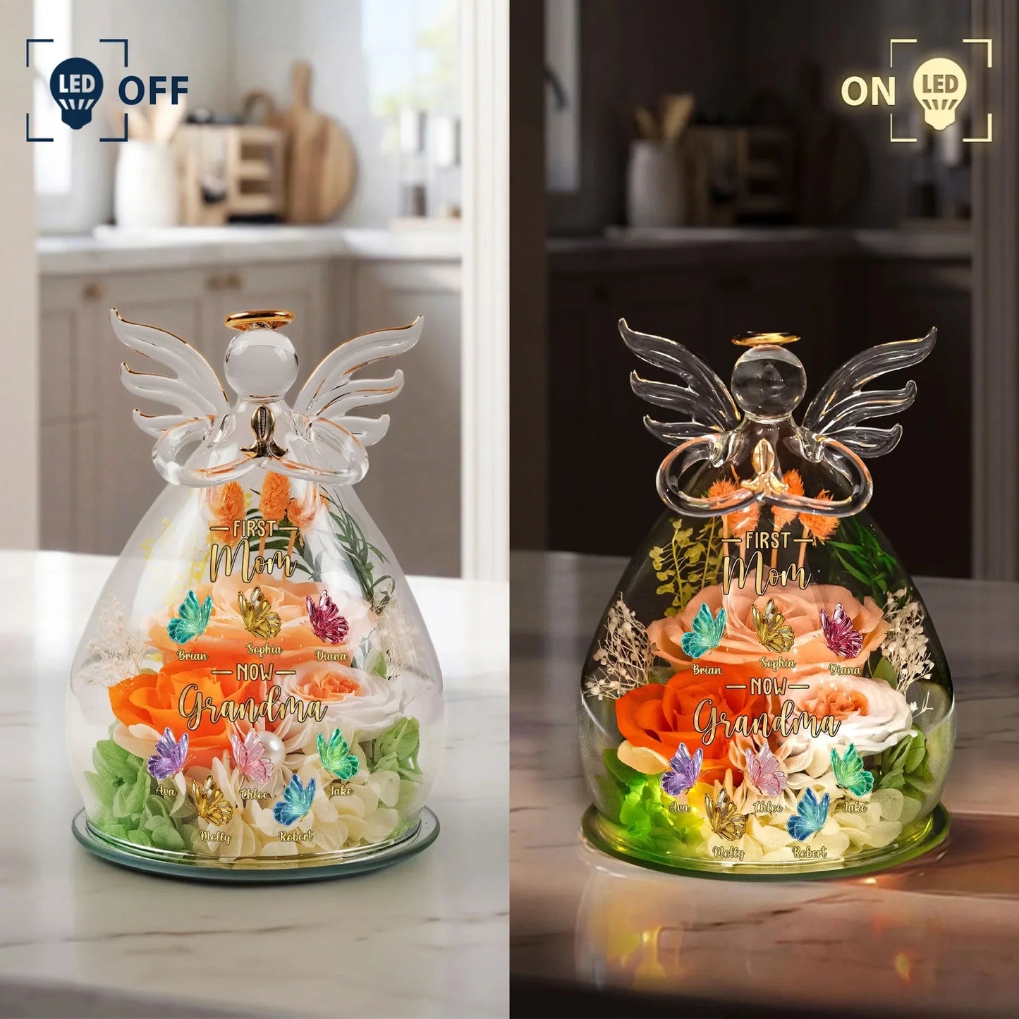 Personalized "First Mom, Now Grandma" Angel Figurine with Preserved Roses & LED Light – Custom Mother's Gift