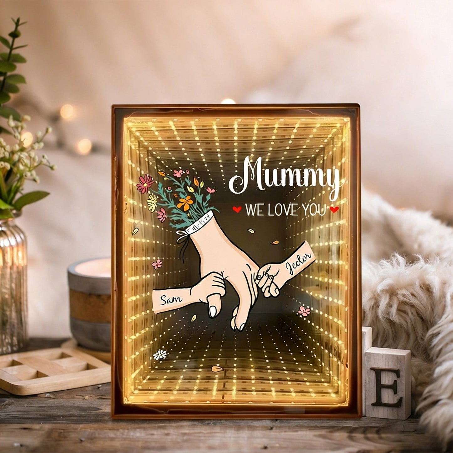 Custom Starry Mirror Lightbox – Personalized "We Love You" with Hand-in-Hand Moment