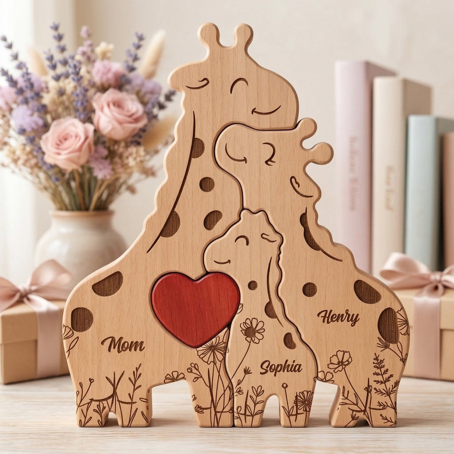 Wooden Giraffe Family Puzzle Mother's Day Gift For Mom, Mum, Wife - Personalized Puzzle