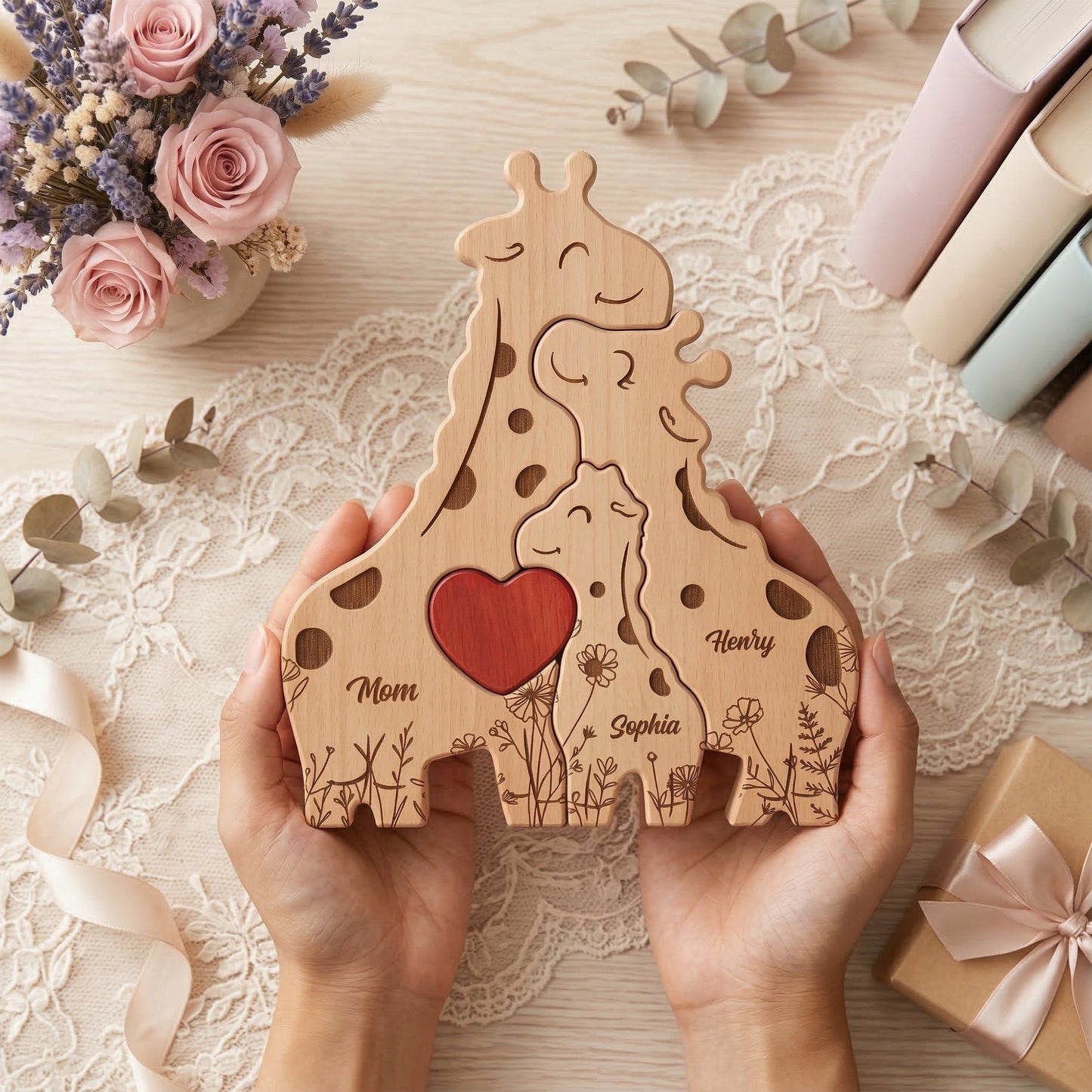 Wooden Giraffe Family Puzzle Mother's Day Gift For Mom, Mum, Wife - Personalized Puzzle