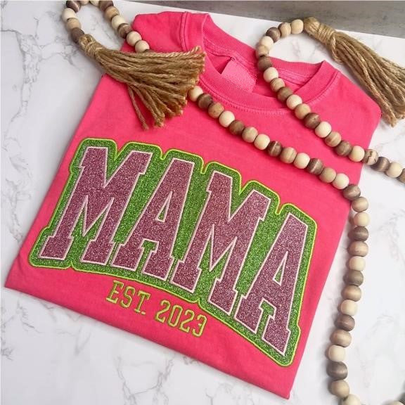 Custom Personalized Two Color Glitter Embroidered Mom T-Shirt | With Kids Names On Sleeve | Gift for Mom & Grandma
