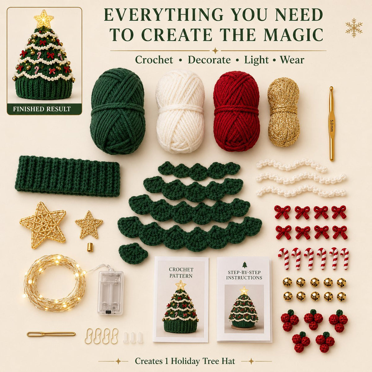 Light-Up Christmas Tree Crochet Hat DIY Kit