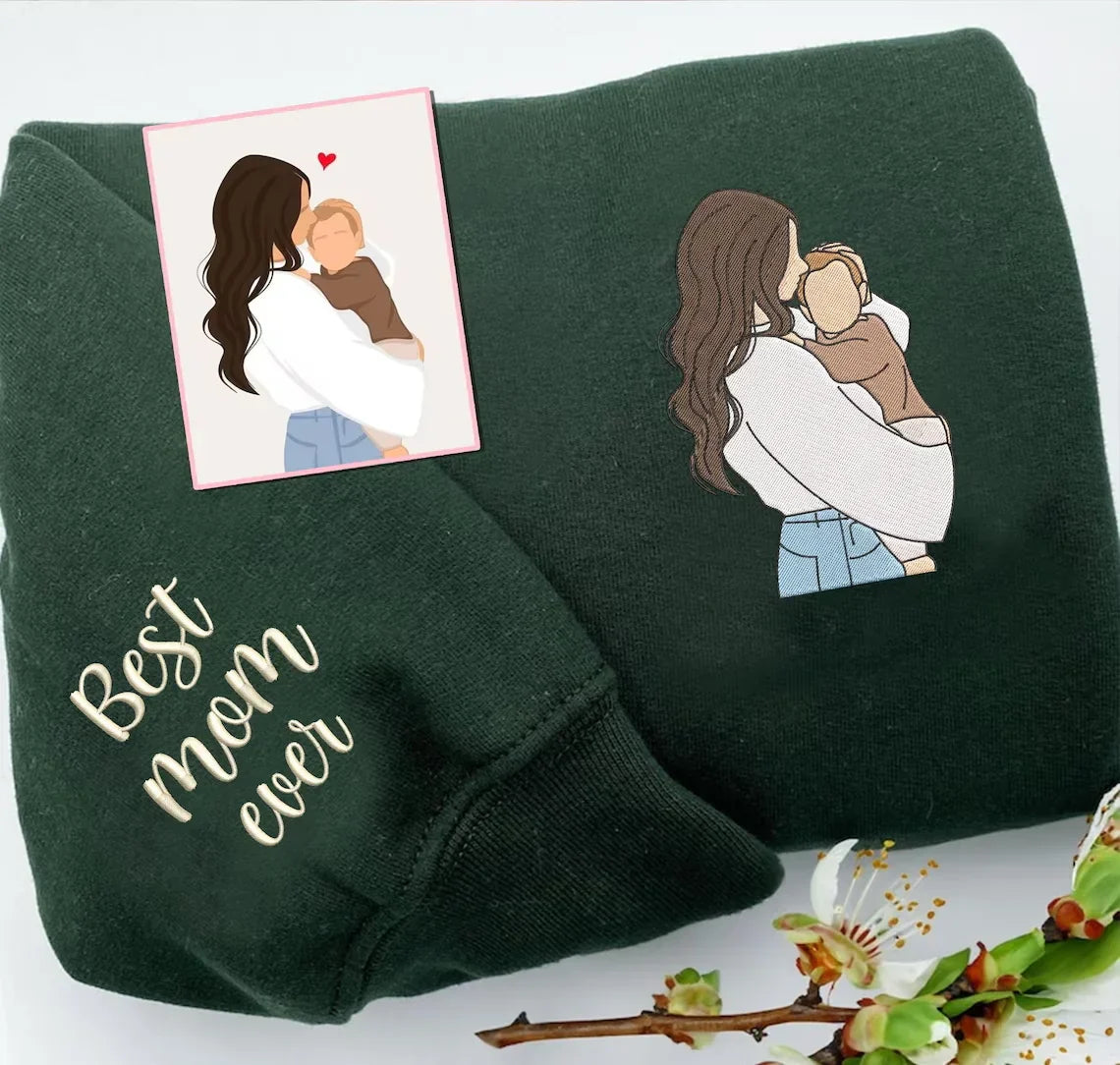 Custom Embroidered Photo Portrait T-shirt Hoodie For Mom - Unique Mother's Day Gift