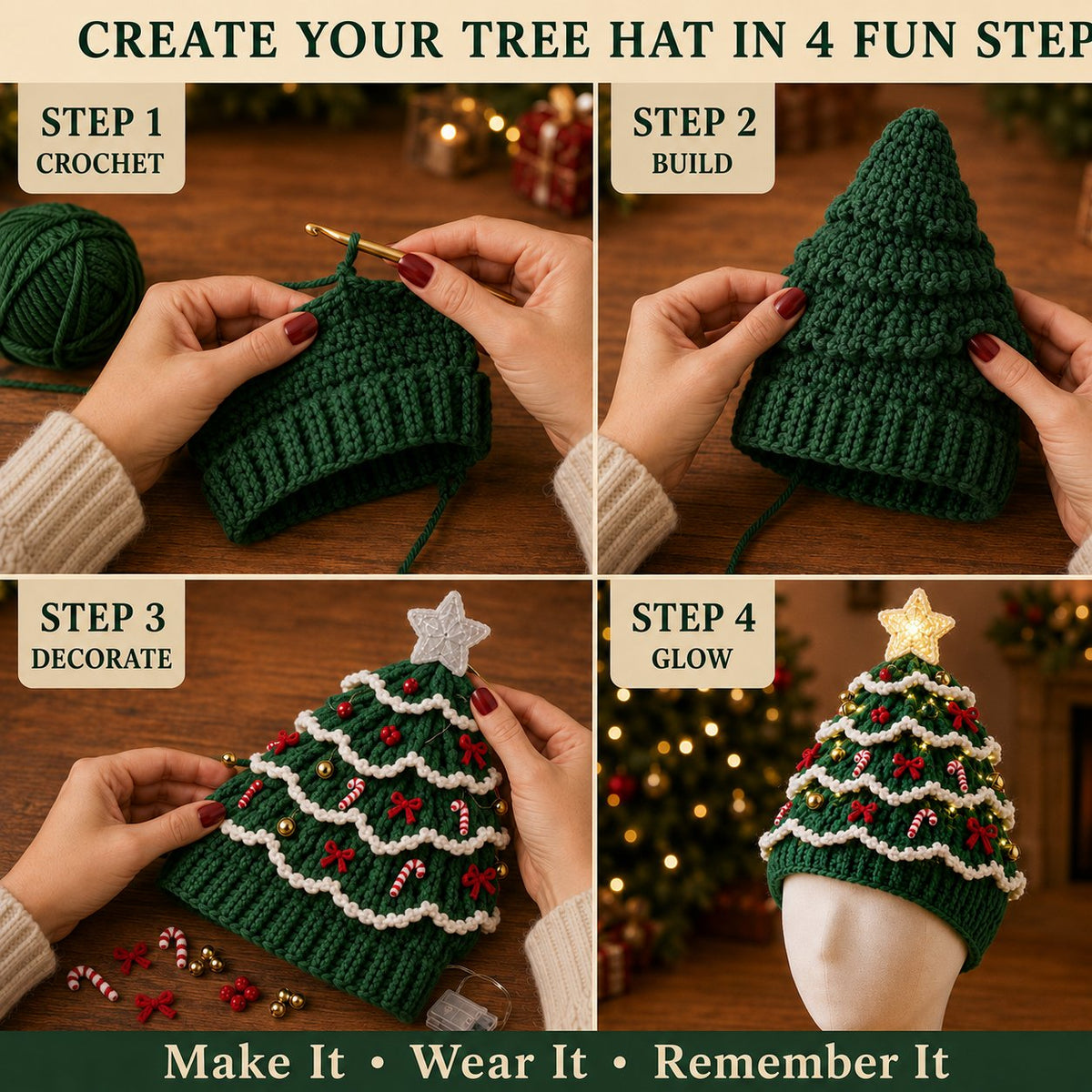 Light-Up Christmas Tree Crochet Hat DIY Kit