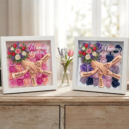 "Tulips, White Roses, and Carnations"-Personalized Mom Holding Hands Flower Shadow Box-Mother's Day Remembrance Frame, In Loving Memory Gift