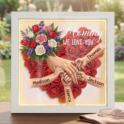 "Tulips, White Roses, and Carnations"-Personalized Mom Holding Hands Flower Shadow Box-Mother's Day Remembrance Frame, In Loving Memory Gift