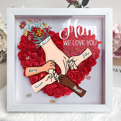 Custom Hand Holding Family Flower Shadow Box with Multiracial Family-Different Skin Tones | Mother’s Day gift