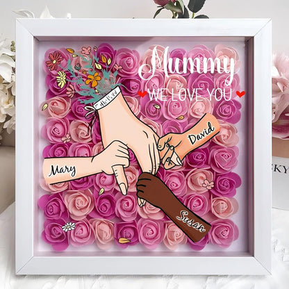 Custom Hand Holding Family Flower Shadow Box with Multiracial Family-Different Skin Tones | Mother’s Day gift