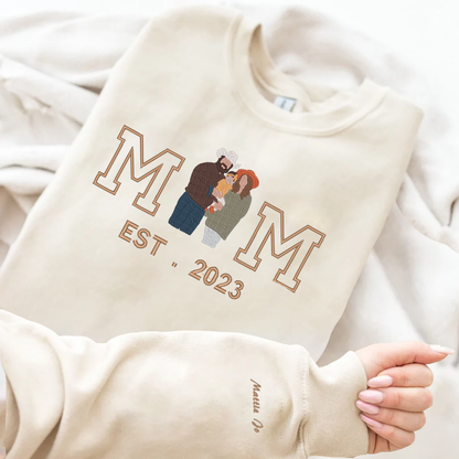 Mother's Day Custom Embroidered Family Photo Hoodie Sweatshirt T-Shirt With Kids Name | Gift For Mom