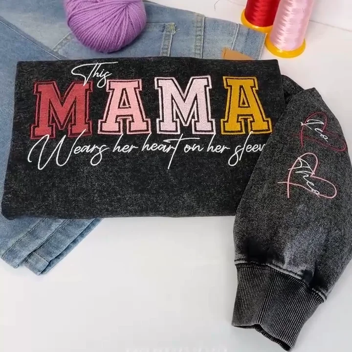 Custom Embroidered Heart on Sleeve Personalized Mommy/Grandma Washed Sweatshirt | Mother's Day Gift for Mom & Grandma