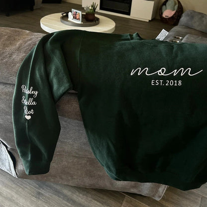 Custom Embroidered Mama Sweatshirt with Date and Kids Names on Sleeve Christmas Gift for Mom | Mother's Day Gifts