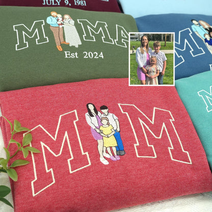 Custom Embroidered Photo Mom and Kids Family Portrait Sweatshirt |  Mother's Day Gifts