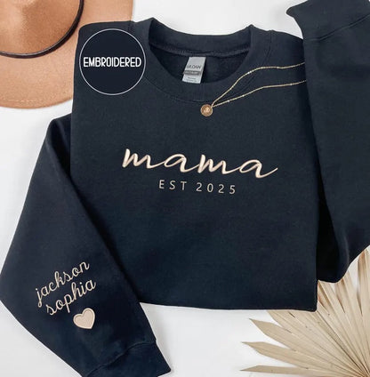 Custom mama Embroidered Sweatshirt with Kids Names on Sleeves Mother's Day Gift