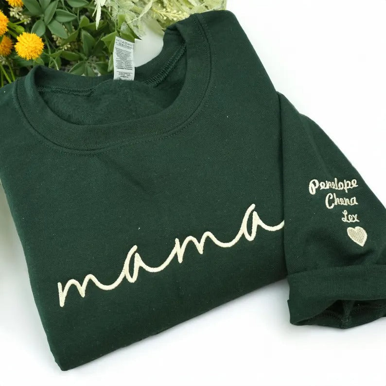 Custom mama Embroidered Sweatshirt with Kids Names on Sleeves Mother's Day Gift