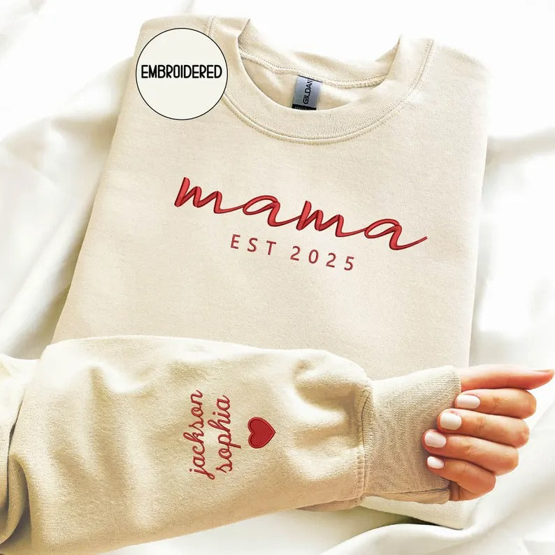 Custom mama Embroidered Sweatshirt with Kids Names on Sleeves Mother's Day Gift