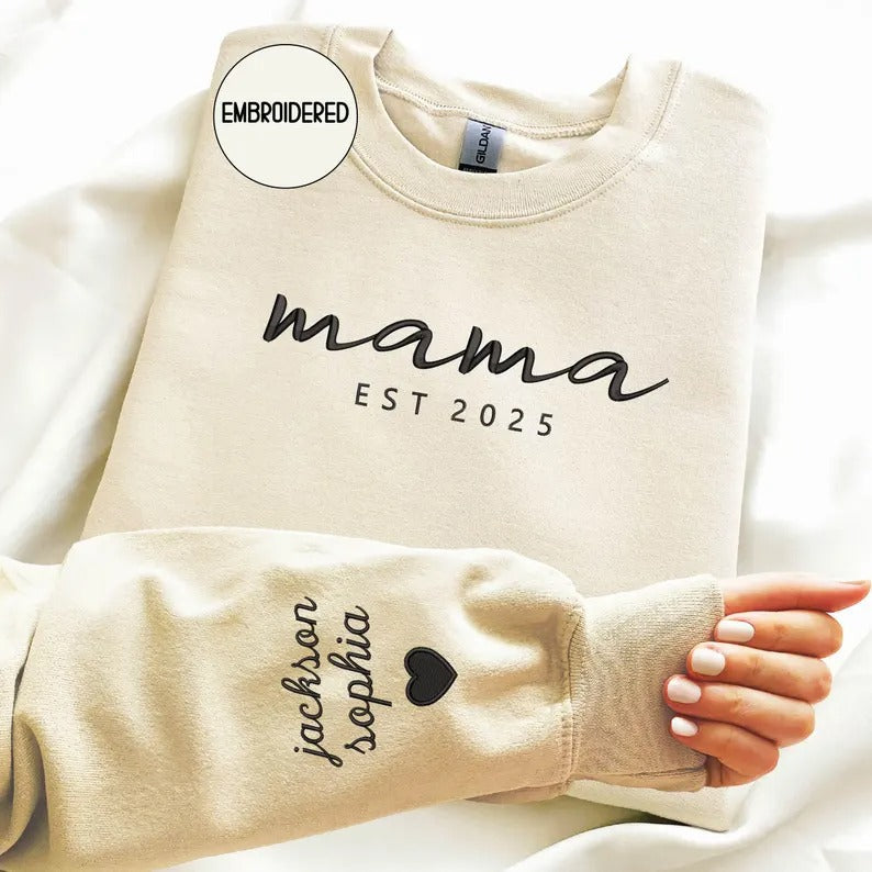 Custom mama Embroidered Sweatshirt with Kids Names on Sleeves Mother's Day Gift