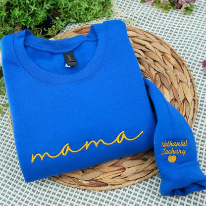 Custom mama Embroidered Sweatshirt with Kids Names on Sleeves Mother's Day Gift