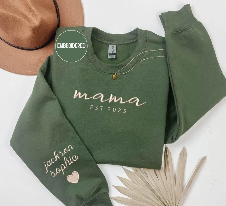 Custom mama Embroidered Sweatshirt with Kids Names on Sleeves Mother's Day Gift
