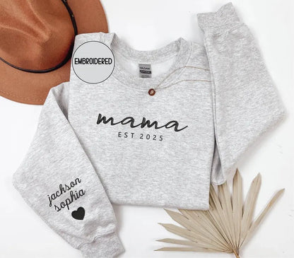 Custom mama Embroidered Sweatshirt with Kids Names on Sleeves Mother's Day Gift