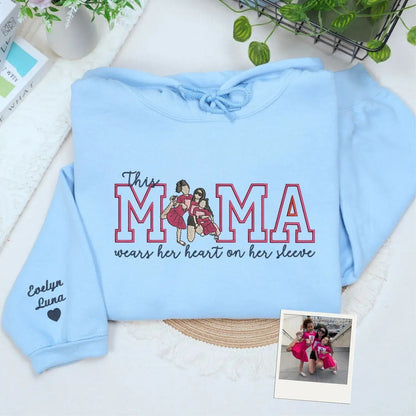 Custom This Mama Wears Her Heart On Her Sleeve Photo Embroidered Sweatshirt, Mother's Day Gift