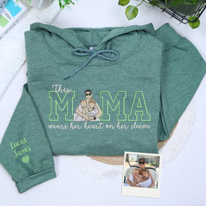Custom This Mama Wears Her Heart On Her Sleeve Photo Embroidered Sweatshirt, Mother's Day Gift