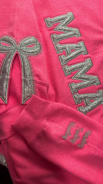 Custom Glitter Embroidered Lace Side Bow Mama Sweatshirt | Mother's Day Gifts