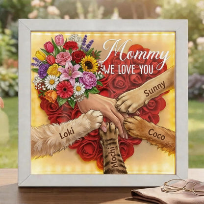 "Mixed Bouquet"-Personalized Pet Paw & Human Hand Holding Shadow Box-Mother's Day Remembrance Frame, In Loving Memory Gift