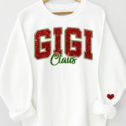 Custom Glitter Print Gigi Claus Christmas Grandma Nickname Sweatshirt With Grandkids Name