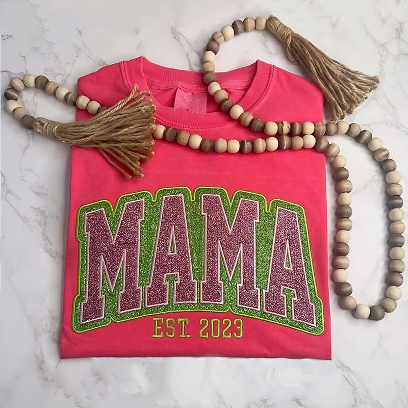 Custom Personalized Two Color Glitter Embroidered Mom T-Shirt | With Kids Names On Sleeve | Gift for Mom & Grandma