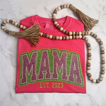 Custom Personalized Two Color Glitter Embroidered Mom T-Shirt | With Kids Names On Sleeve | Gift for Mom & Grandma