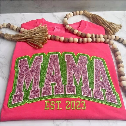 Custom Personalized Two Color Glitter Embroidered Mom T-Shirt | With Kids Names On Sleeve | Gift for Mom & Grandma