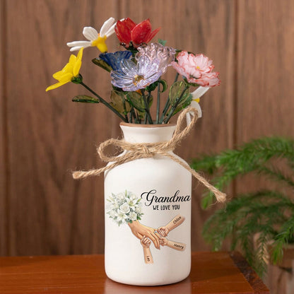 Personalized "White Lily & White Roses" Vase-Personalized Grandma Holding Hands|Best Mother's Day Gift– Timeless Gift for Every Home