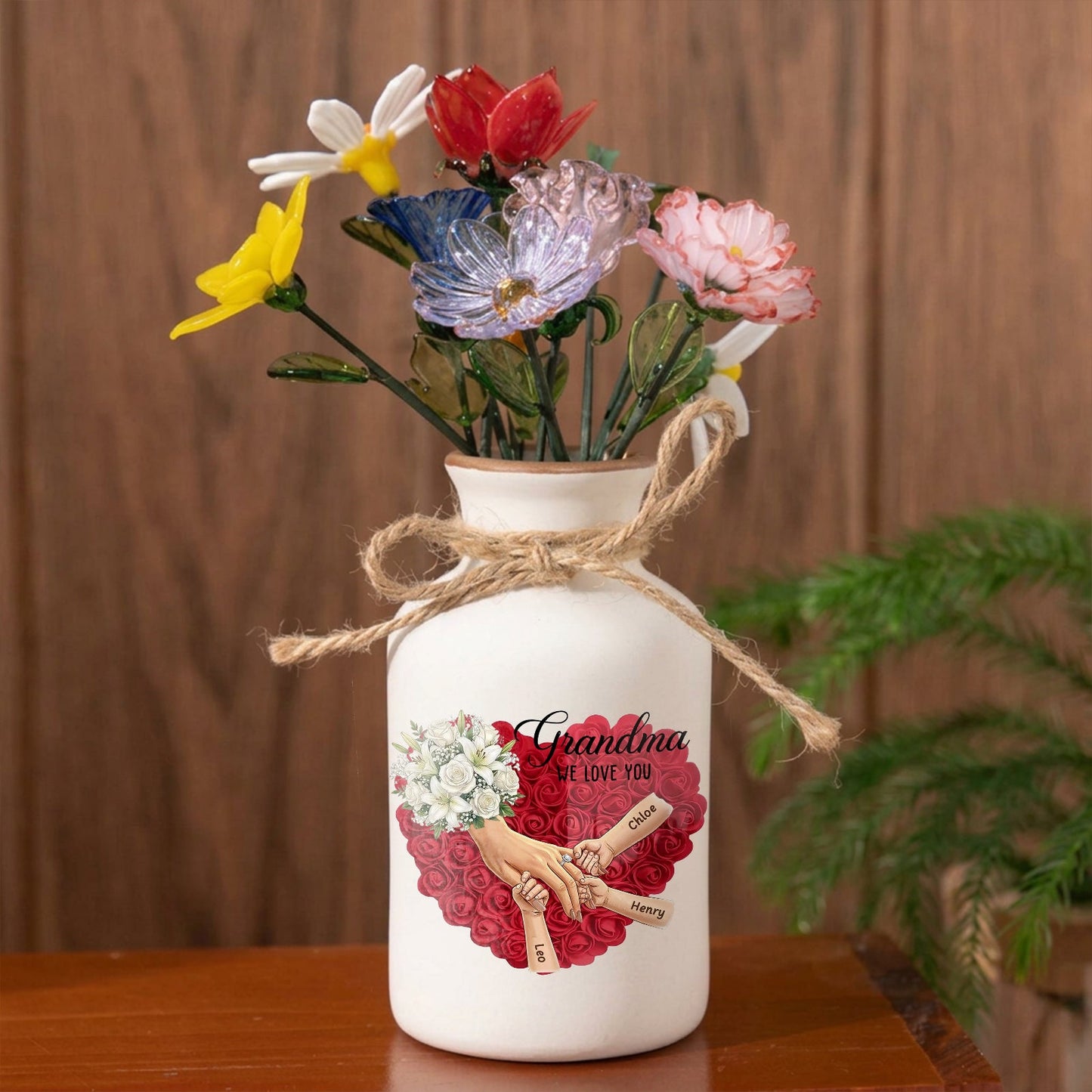 Personalized "White Lily & White Roses" Vase-Personalized Grandma Holding Hands|Best Mother's Day Gift– Timeless Gift for Every Home