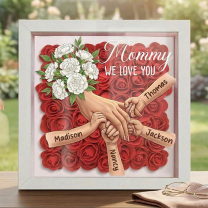 "White Carnation"-Personalized Mom Holding Hands Memorial Shadow Box-Mother's Day Remembrance Frame, In Loving Memory Gift